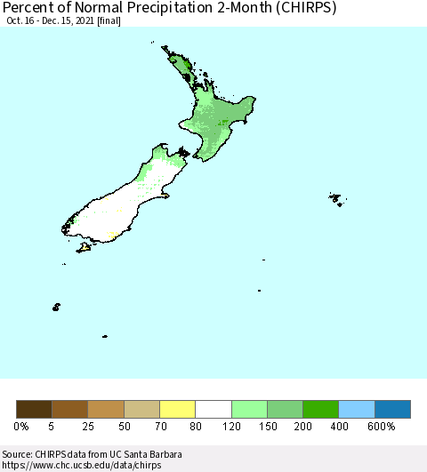 New Zealand Percent of Normal Precipitation 2-Month (CHIRPS) Thematic Map For 10/16/2021 - 12/15/2021
