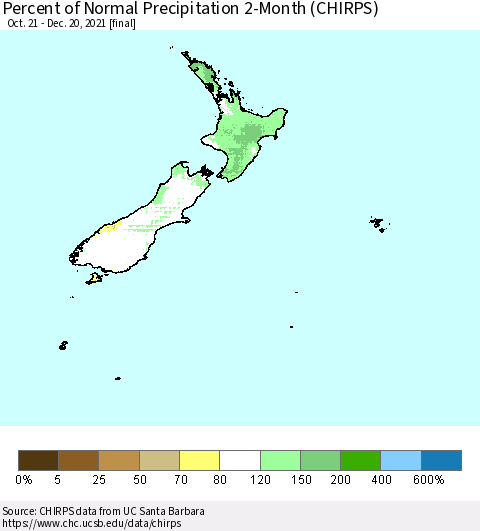 New Zealand Percent of Normal Precipitation 2-Month (CHIRPS) Thematic Map For 10/21/2021 - 12/20/2021
