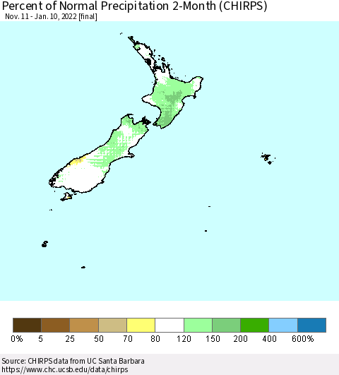 New Zealand Percent of Normal Precipitation 2-Month (CHIRPS) Thematic Map For 11/11/2021 - 1/10/2022