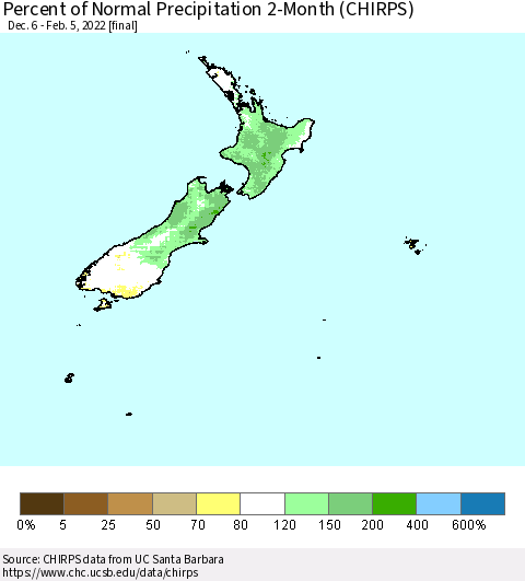 New Zealand Percent of Normal Precipitation 2-Month (CHIRPS) Thematic Map For 12/6/2021 - 2/5/2022