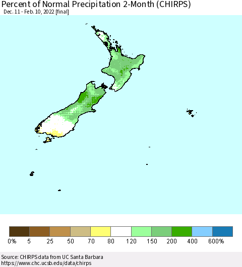 New Zealand Percent of Normal Precipitation 2-Month (CHIRPS) Thematic Map For 12/11/2021 - 2/10/2022