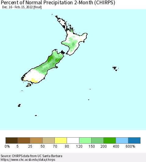 New Zealand Percent of Normal Precipitation 2-Month (CHIRPS) Thematic Map For 12/16/2021 - 2/15/2022