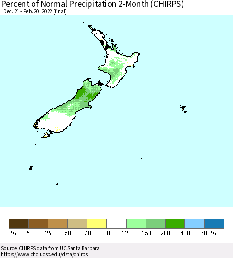 New Zealand Percent of Normal Precipitation 2-Month (CHIRPS) Thematic Map For 12/21/2021 - 2/20/2022