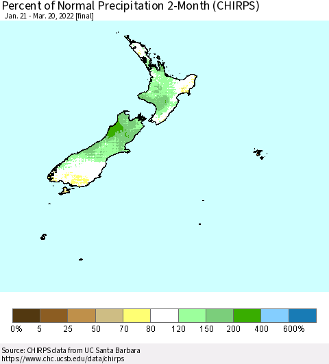 New Zealand Percent of Normal Precipitation 2-Month (CHIRPS) Thematic Map For 1/21/2022 - 3/20/2022