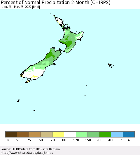 New Zealand Percent of Normal Precipitation 2-Month (CHIRPS) Thematic Map For 1/26/2022 - 3/25/2022