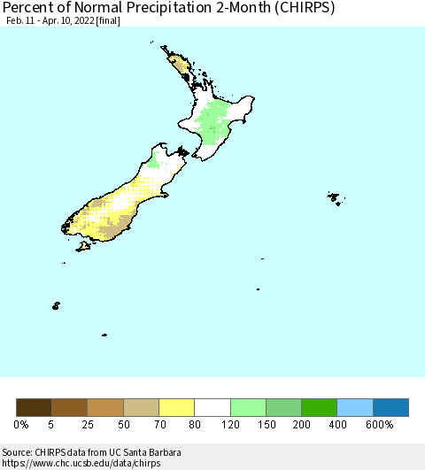 New Zealand Percent of Normal Precipitation 2-Month (CHIRPS) Thematic Map For 2/11/2022 - 4/10/2022