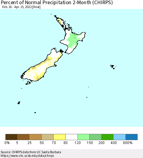 New Zealand Percent of Normal Precipitation 2-Month (CHIRPS) Thematic Map For 2/16/2022 - 4/15/2022