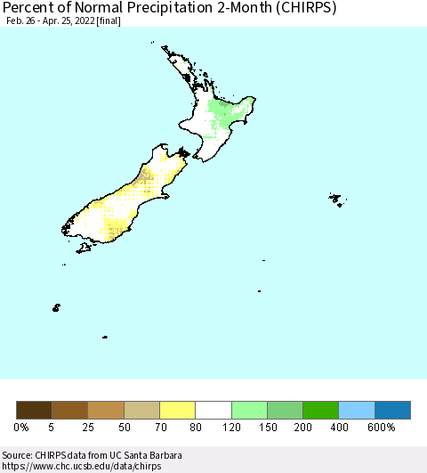 New Zealand Percent of Normal Precipitation 2-Month (CHIRPS) Thematic Map For 2/26/2022 - 4/25/2022