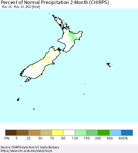 New Zealand Percent of Normal Precipitation 2-Month (CHIRPS) Thematic Map For 3/16/2022 - 5/15/2022