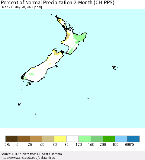 New Zealand Percent of Normal Precipitation 2-Month (CHIRPS) Thematic Map For 3/21/2022 - 5/20/2022