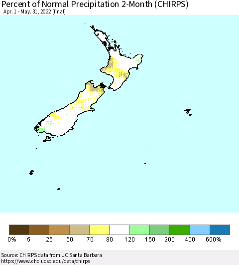 New Zealand Percent of Normal Precipitation 2-Month (CHIRPS) Thematic Map For 4/1/2022 - 5/31/2022