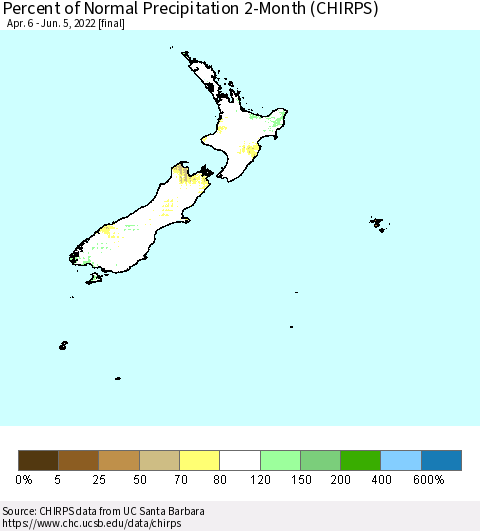 New Zealand Percent of Normal Precipitation 2-Month (CHIRPS) Thematic Map For 4/6/2022 - 6/5/2022