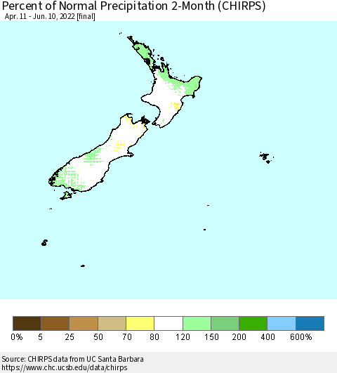 New Zealand Percent of Normal Precipitation 2-Month (CHIRPS) Thematic Map For 4/11/2022 - 6/10/2022