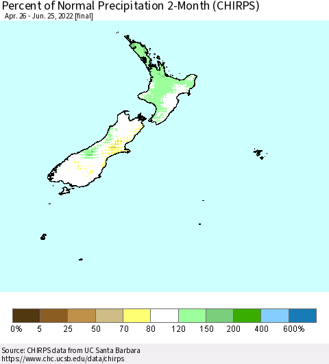 New Zealand Percent of Normal Precipitation 2-Month (CHIRPS) Thematic Map For 4/26/2022 - 6/25/2022