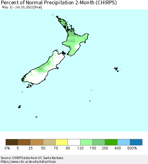 New Zealand Percent of Normal Precipitation 2-Month (CHIRPS) Thematic Map For 5/11/2022 - 7/10/2022