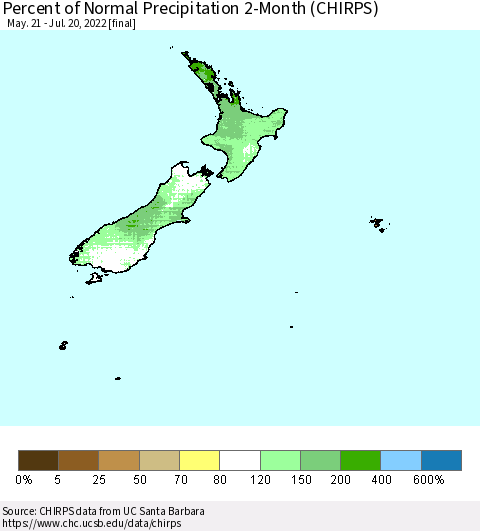 New Zealand Percent of Normal Precipitation 2-Month (CHIRPS) Thematic Map For 5/21/2022 - 7/20/2022