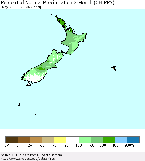 New Zealand Percent of Normal Precipitation 2-Month (CHIRPS) Thematic Map For 5/26/2022 - 7/25/2022