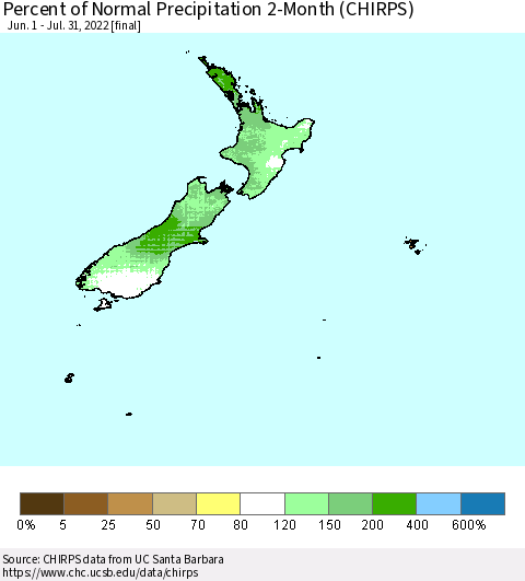 New Zealand Percent of Normal Precipitation 2-Month (CHIRPS) Thematic Map For 6/1/2022 - 7/31/2022
