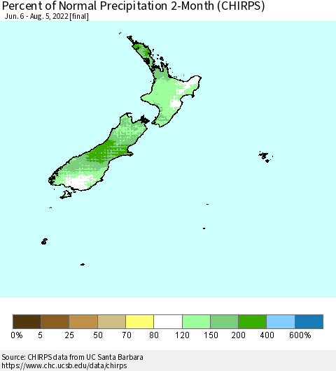 New Zealand Percent of Normal Precipitation 2-Month (CHIRPS) Thematic Map For 6/6/2022 - 8/5/2022