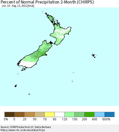 New Zealand Percent of Normal Precipitation 2-Month (CHIRPS) Thematic Map For 6/16/2022 - 8/15/2022