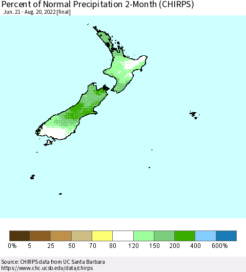New Zealand Percent of Normal Precipitation 2-Month (CHIRPS) Thematic Map For 6/21/2022 - 8/20/2022