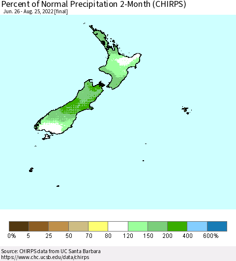 New Zealand Percent of Normal Precipitation 2-Month (CHIRPS) Thematic Map For 6/26/2022 - 8/25/2022