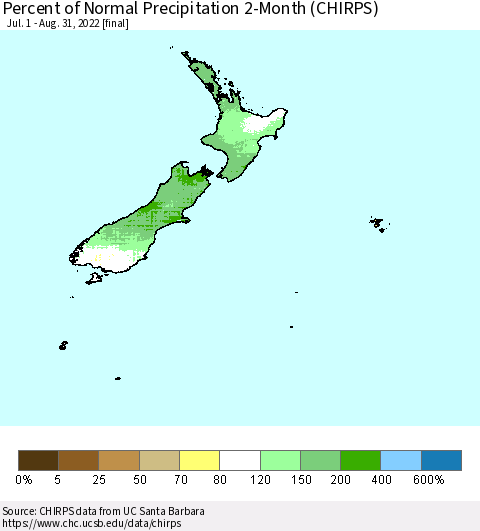 New Zealand Percent of Normal Precipitation 2-Month (CHIRPS) Thematic Map For 7/1/2022 - 8/31/2022