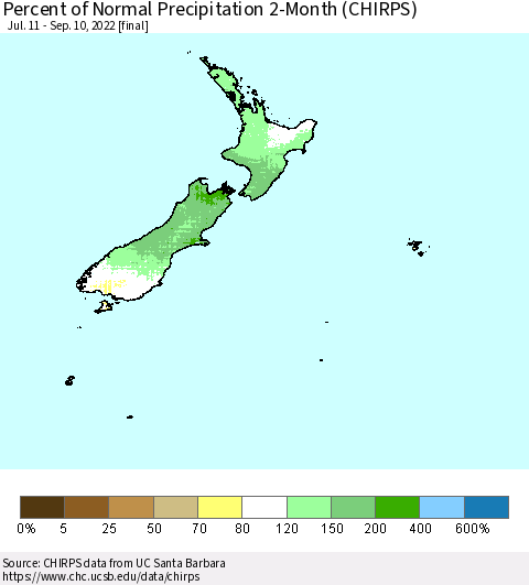 New Zealand Percent of Normal Precipitation 2-Month (CHIRPS) Thematic Map For 7/11/2022 - 9/10/2022