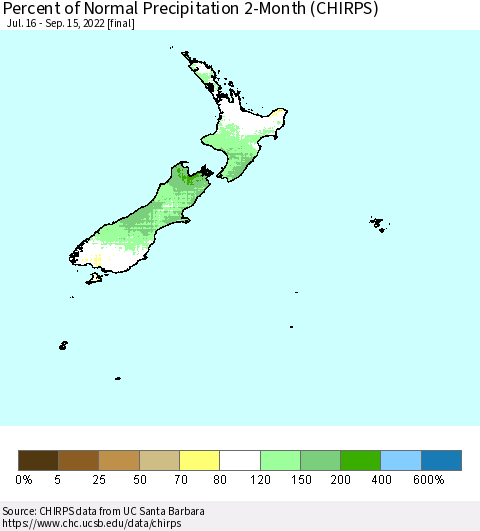 New Zealand Percent of Normal Precipitation 2-Month (CHIRPS) Thematic Map For 7/16/2022 - 9/15/2022