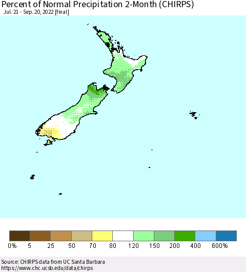 New Zealand Percent of Normal Precipitation 2-Month (CHIRPS) Thematic Map For 7/21/2022 - 9/20/2022