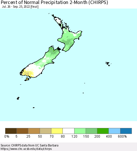 New Zealand Percent of Normal Precipitation 2-Month (CHIRPS) Thematic Map For 7/26/2022 - 9/25/2022