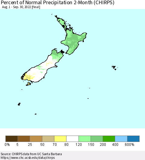 New Zealand Percent of Normal Precipitation 2-Month (CHIRPS) Thematic Map For 8/1/2022 - 9/30/2022