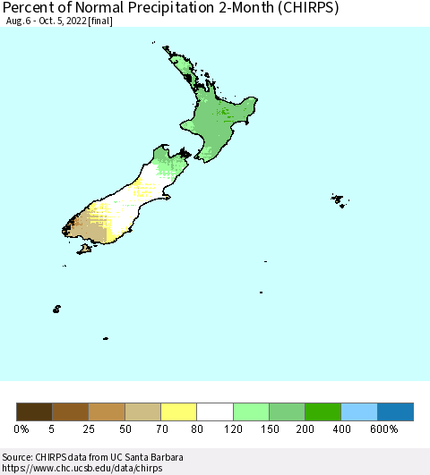New Zealand Percent of Normal Precipitation 2-Month (CHIRPS) Thematic Map For 8/6/2022 - 10/5/2022