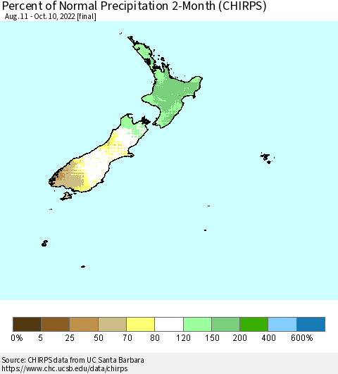 New Zealand Percent of Normal Precipitation 2-Month (CHIRPS) Thematic Map For 8/11/2022 - 10/10/2022