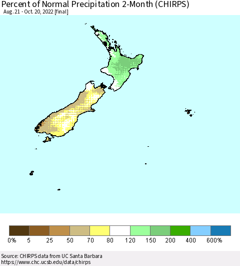 New Zealand Percent of Normal Precipitation 2-Month (CHIRPS) Thematic Map For 8/21/2022 - 10/20/2022