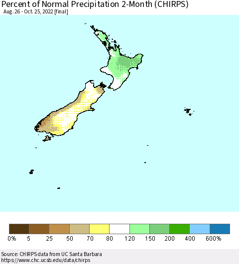 New Zealand Percent of Normal Precipitation 2-Month (CHIRPS) Thematic Map For 8/26/2022 - 10/25/2022