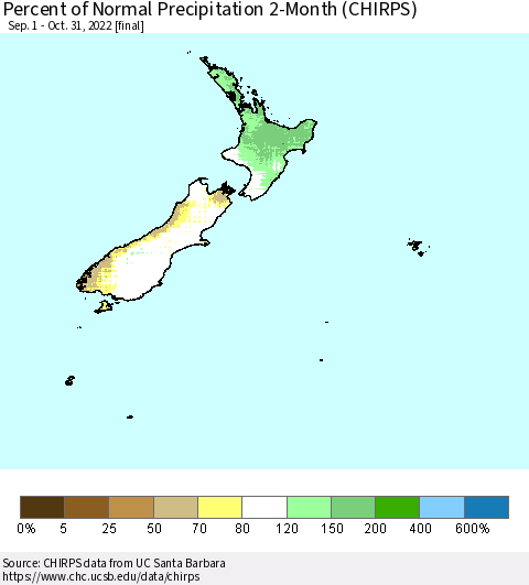 New Zealand Percent of Normal Precipitation 2-Month (CHIRPS) Thematic Map For 9/1/2022 - 10/31/2022