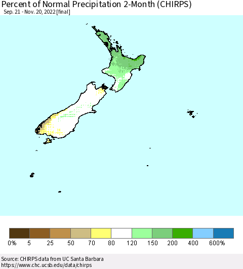 New Zealand Percent of Normal Precipitation 2-Month (CHIRPS) Thematic Map For 9/21/2022 - 11/20/2022
