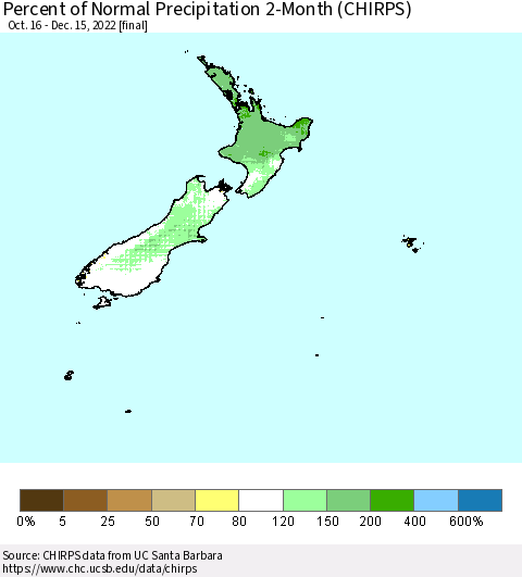 New Zealand Percent of Normal Precipitation 2-Month (CHIRPS) Thematic Map For 10/16/2022 - 12/15/2022