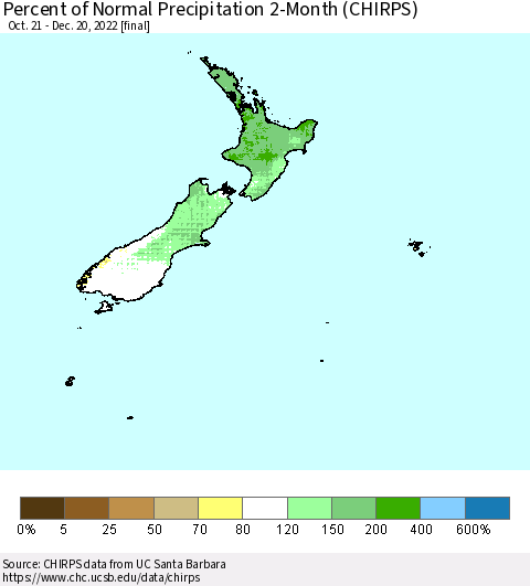 New Zealand Percent of Normal Precipitation 2-Month (CHIRPS) Thematic Map For 10/21/2022 - 12/20/2022