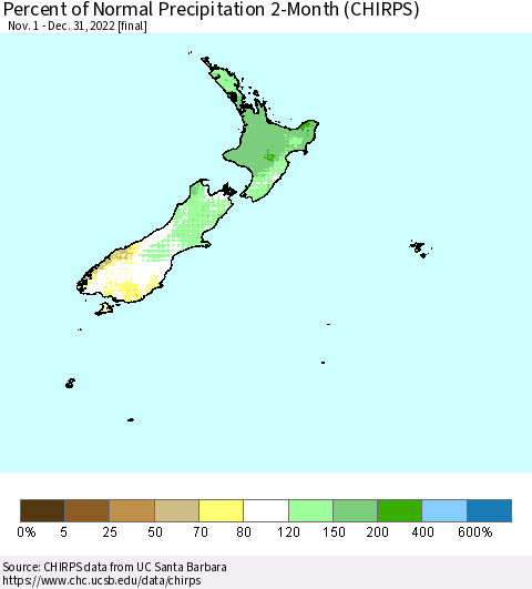 New Zealand Percent of Normal Precipitation 2-Month (CHIRPS) Thematic Map For 11/1/2022 - 12/31/2022