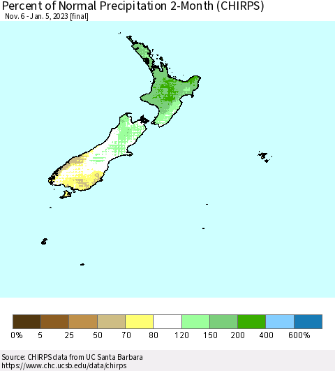 New Zealand Percent of Normal Precipitation 2-Month (CHIRPS) Thematic Map For 11/6/2022 - 1/5/2023