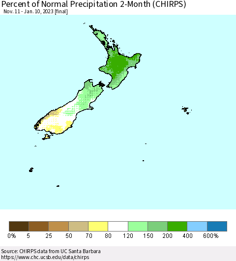 New Zealand Percent of Normal Precipitation 2-Month (CHIRPS) Thematic Map For 11/11/2022 - 1/10/2023