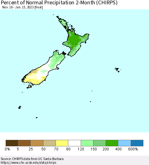 New Zealand Percent of Normal Precipitation 2-Month (CHIRPS) Thematic Map For 11/16/2022 - 1/15/2023