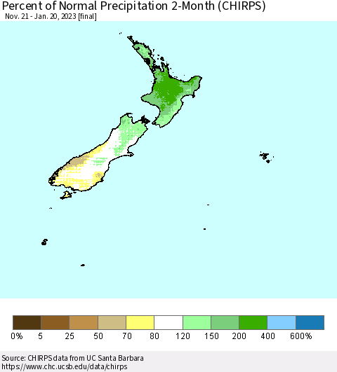 New Zealand Percent of Normal Precipitation 2-Month (CHIRPS) Thematic Map For 11/21/2022 - 1/20/2023