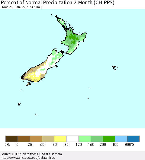 New Zealand Percent of Normal Precipitation 2-Month (CHIRPS) Thematic Map For 11/26/2022 - 1/25/2023