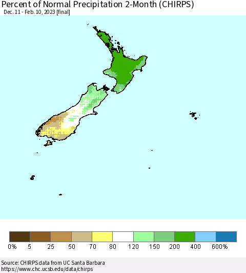 New Zealand Percent of Normal Precipitation 2-Month (CHIRPS) Thematic Map For 12/11/2022 - 2/10/2023