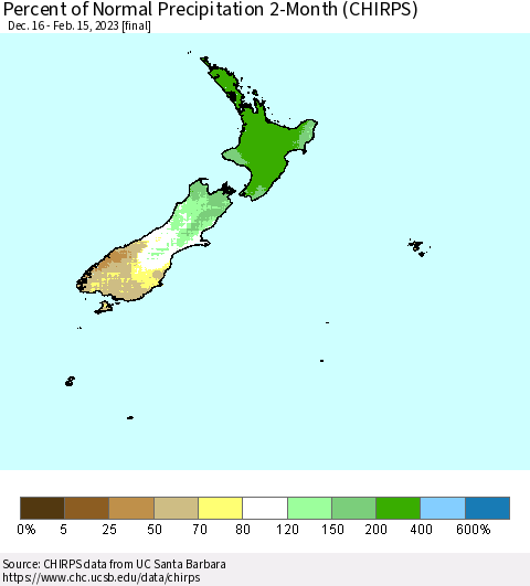 New Zealand Percent of Normal Precipitation 2-Month (CHIRPS) Thematic Map For 12/16/2022 - 2/15/2023