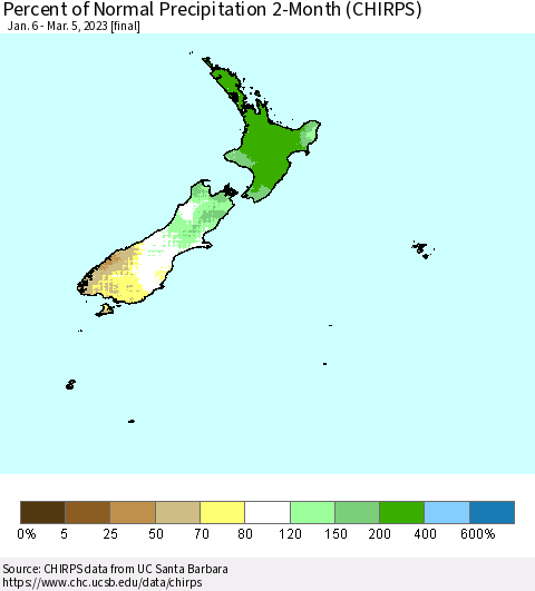 New Zealand Percent of Normal Precipitation 2-Month (CHIRPS) Thematic Map For 1/6/2023 - 3/5/2023