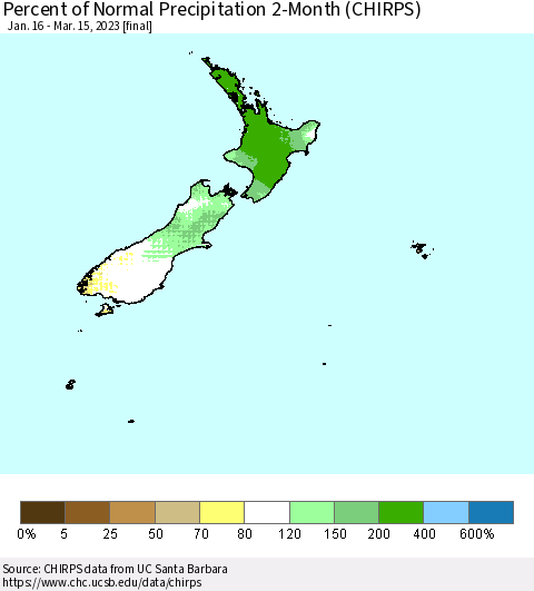 New Zealand Percent of Normal Precipitation 2-Month (CHIRPS) Thematic Map For 1/16/2023 - 3/15/2023